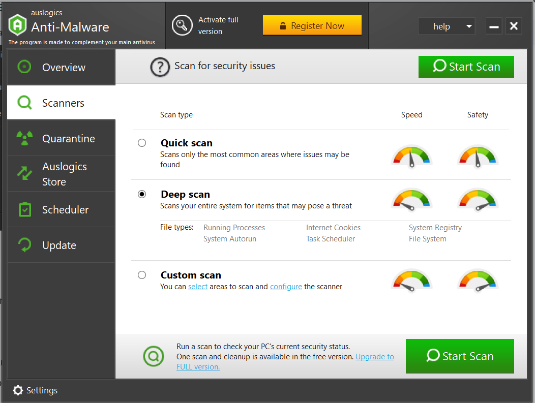 Deep scan: Scans the entire system for threats. We suggest selecting this option for your first scan