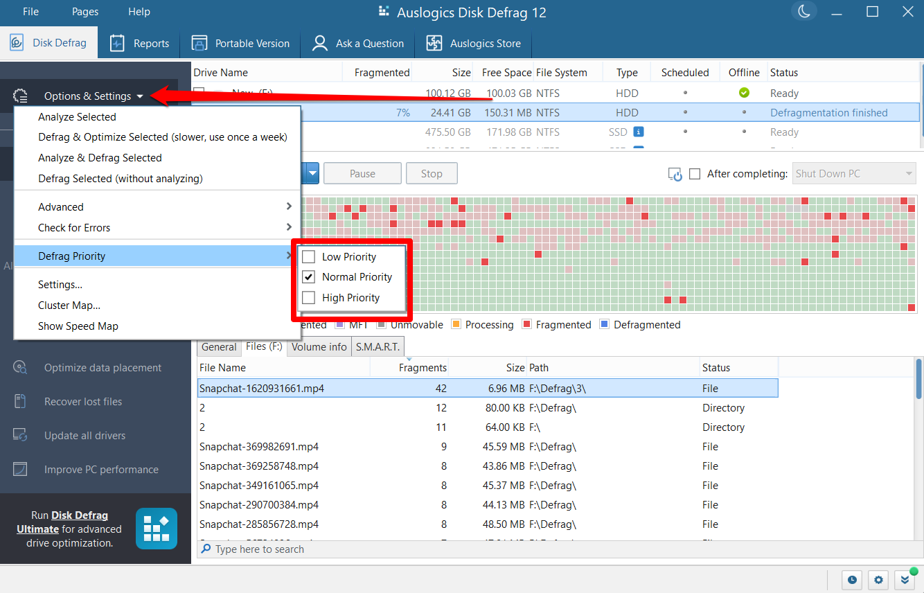 To select a priority, click Options & Settings in the left navigation pane, hover your mouse pointer over Defrag Priority, and choose a priority level