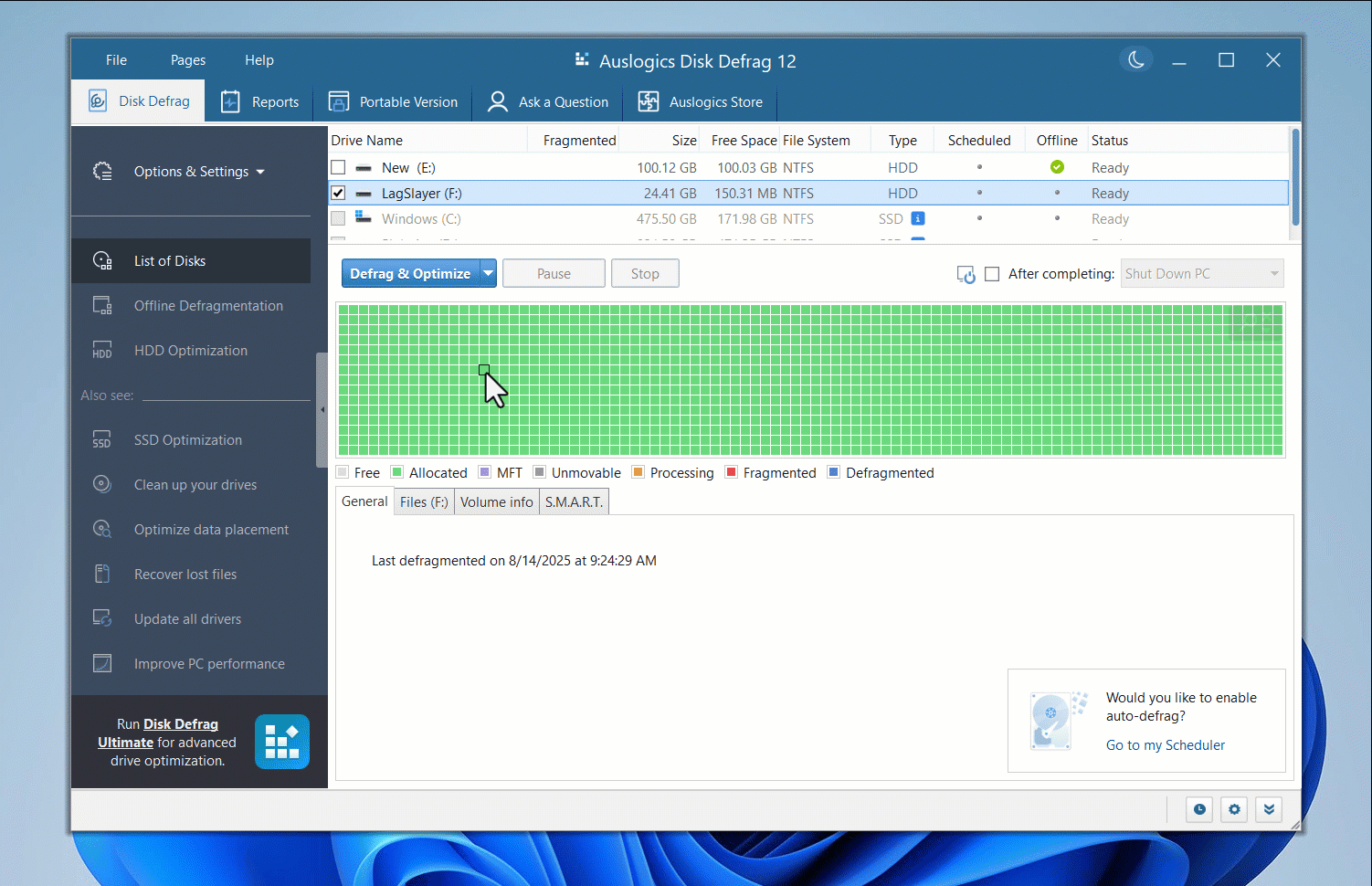 Defrag individual files and folders with Auslogics Disk Defrag