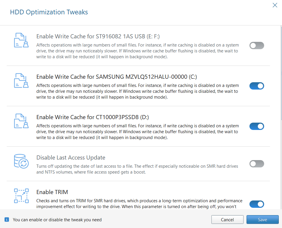 Click Advanced Settings to enable and disable optimization tweaks as you please