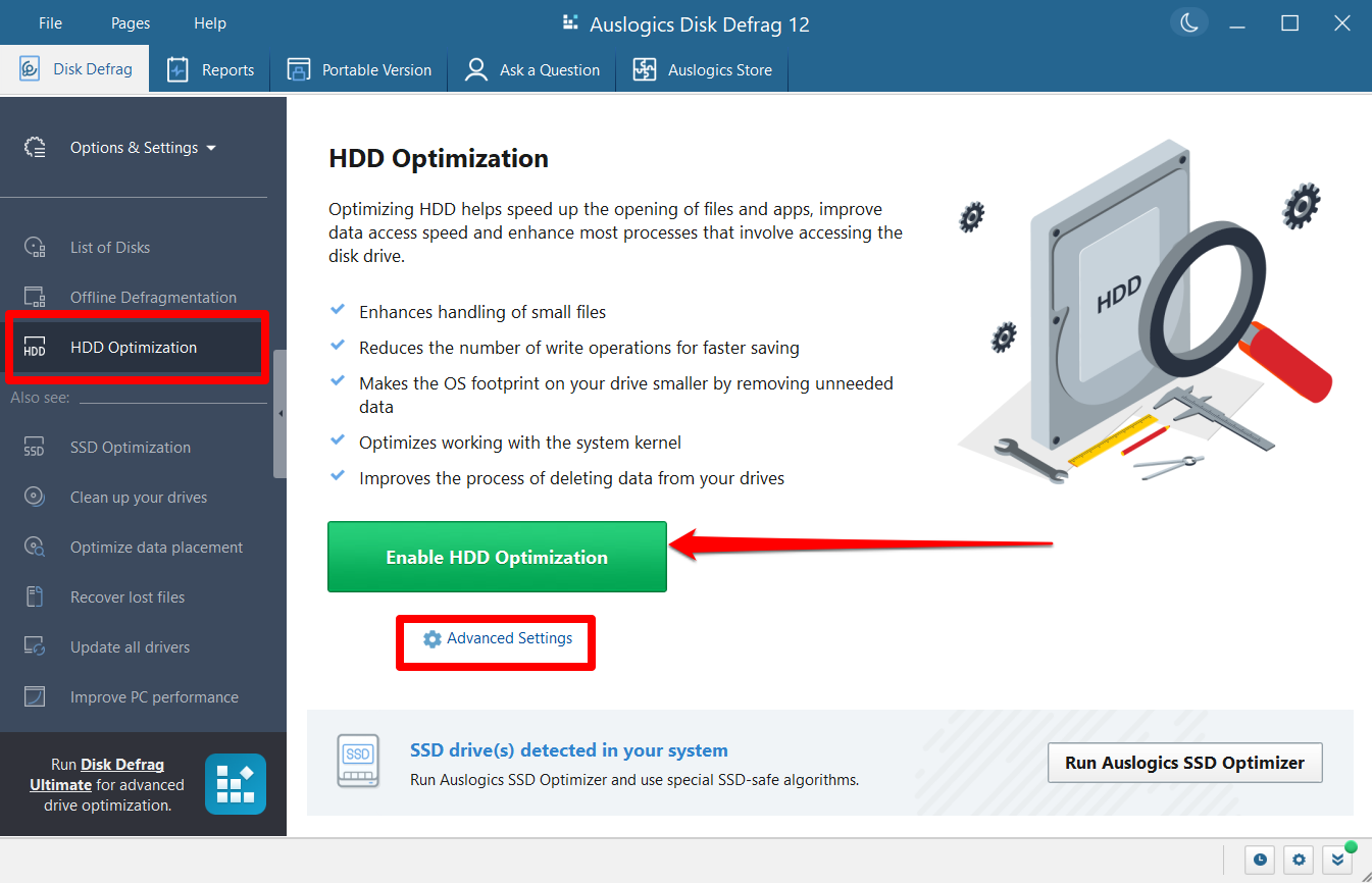 Click the Enable HDD Optimization button