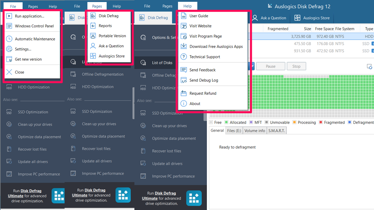the File and Help menus contain exclusive options like Run application, Windows Control Panel, and certain product-specific links