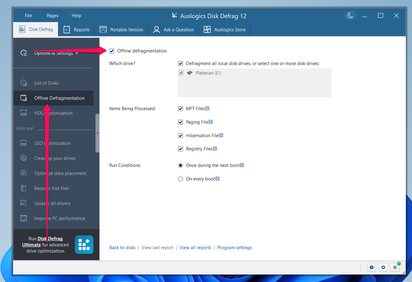 check the Offline defragmentation box, select the drive, and choose the type of files you want to defragment
