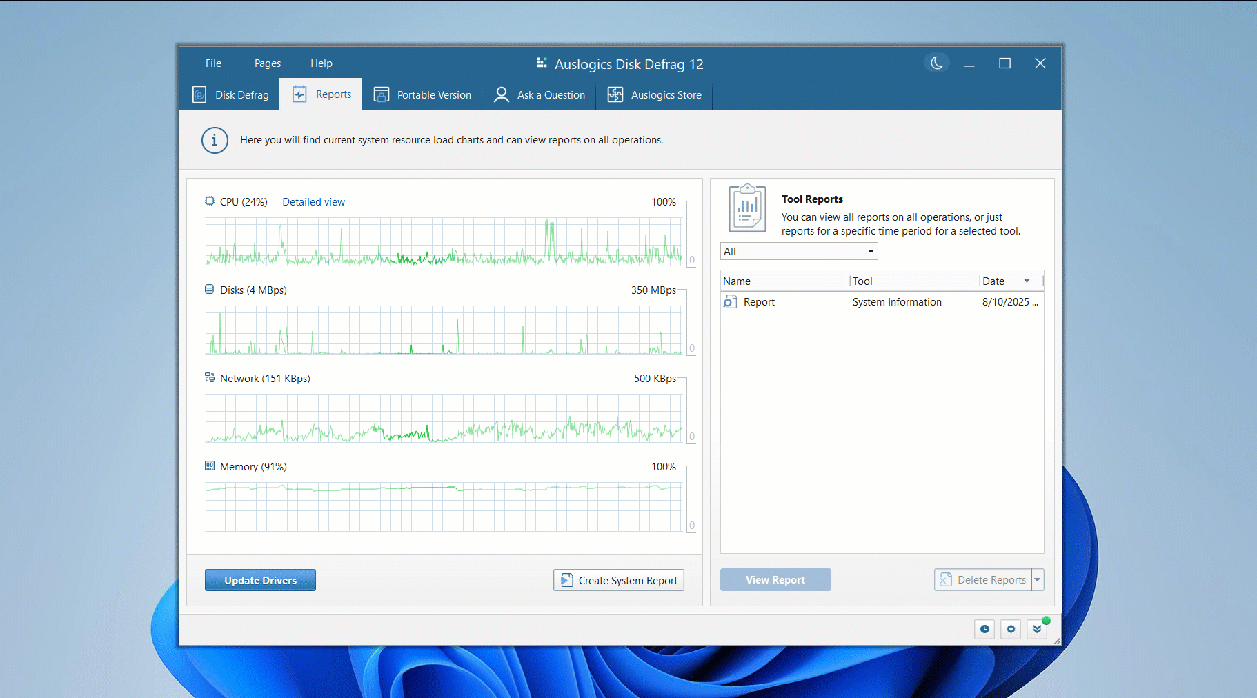 The tool’s different pages are neatly arranged at the top for easy access to system reports, the program’s portable version, Ask a Question, and Auslogics Store