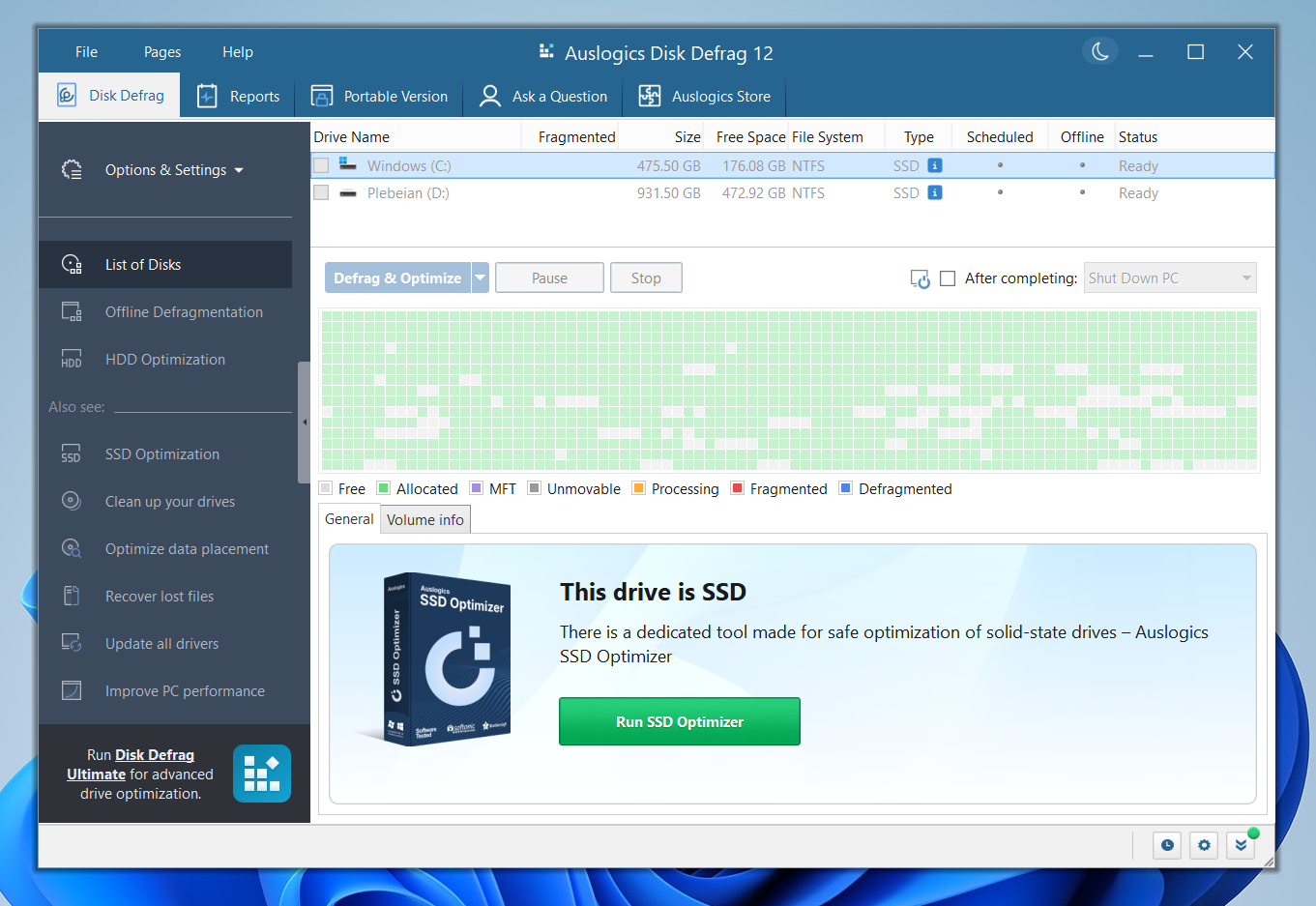 If you select an SSD, it shows a warning and recommends that you use SSD Optimizer instead