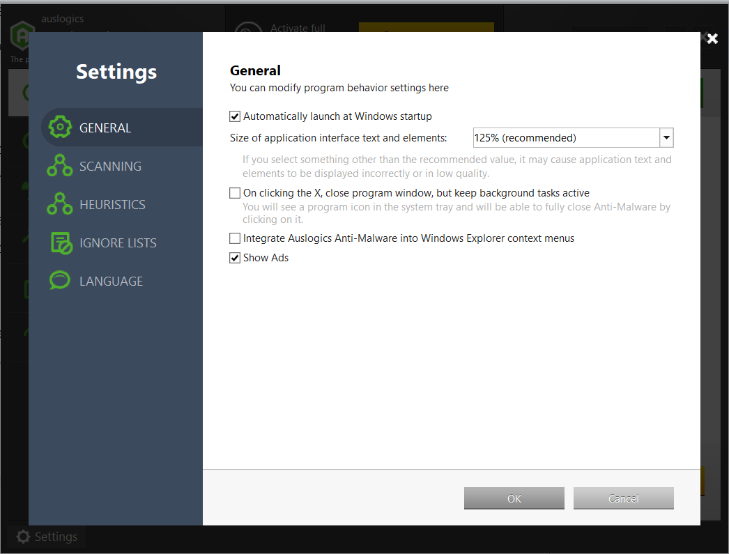There’s a Settings menu at the bottom, where you can configure how the app behaves and how malware scans will be conducted