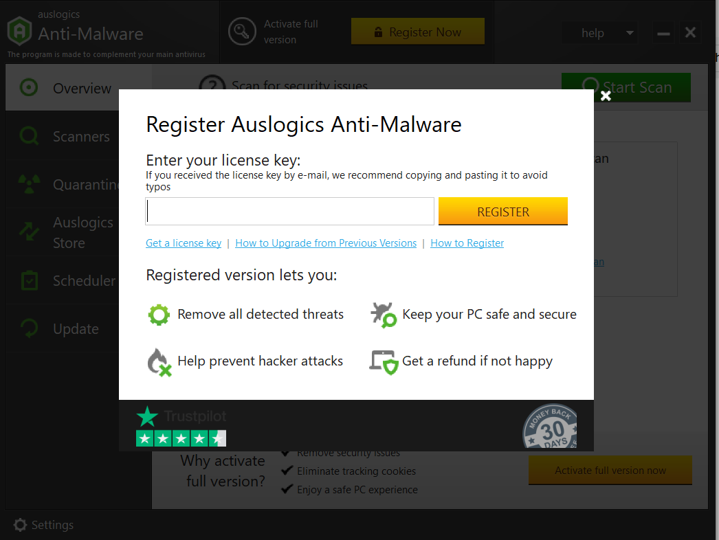 Enter your license key to activate Auslogics Anti-Malware