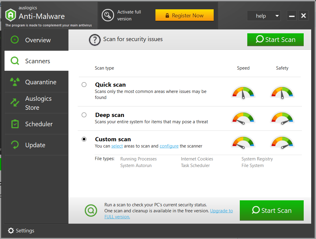 Custom scan: Lets you choose the files and folders to scan