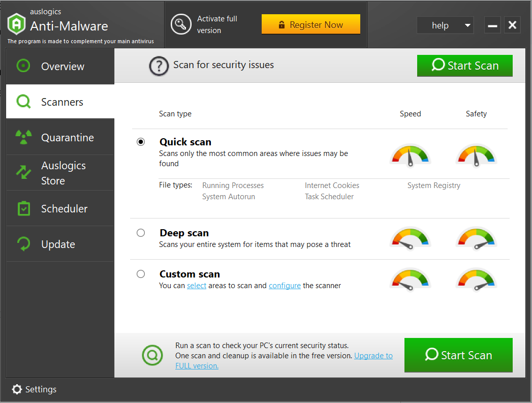 Quick scan: Scans the most common areas on your PC where malware may be found, excluding the file system