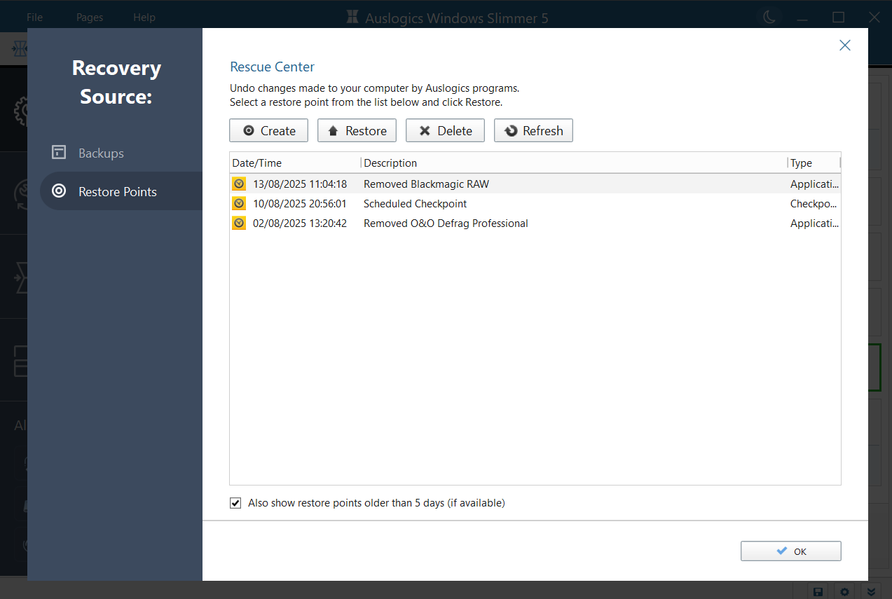 You can also create new restore points or delete existing restore points created by Windows, users, and other programs