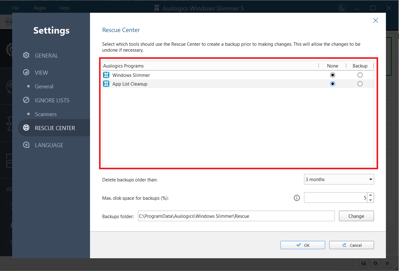 Click the radio button under the Backup column to automatically back up files when you clean up files