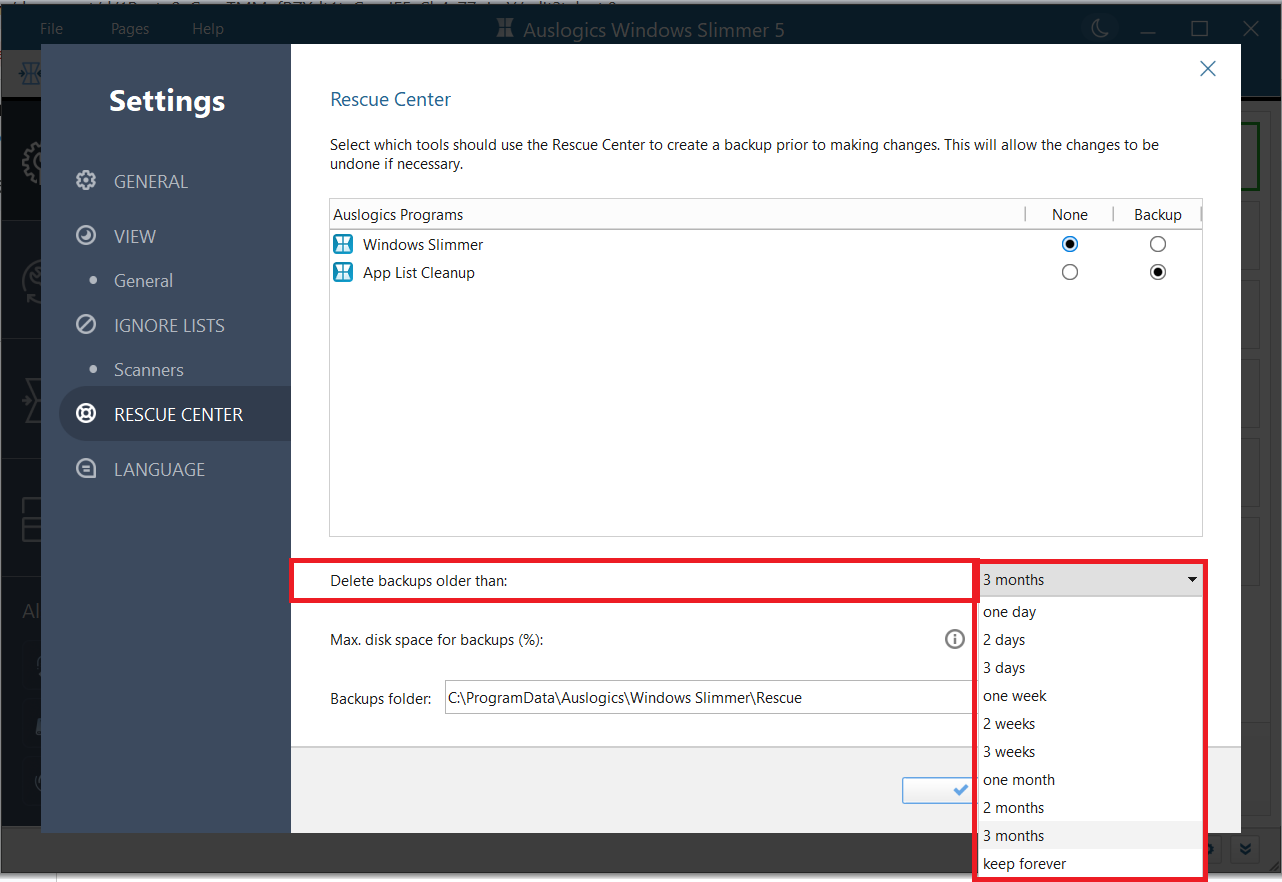 indicate how long you want the app to keep the backups before deleting them permanently
