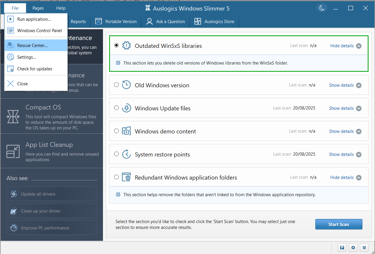To get to the Rescue Center, simply click on the File tab and select Rescue Center.