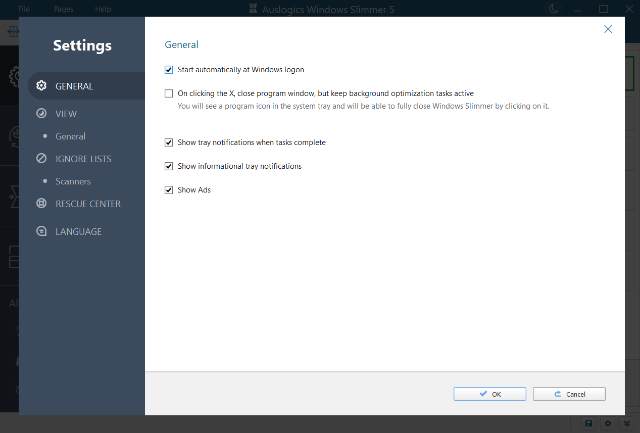 Explore the general settings of Auslogics Windows Slimmer