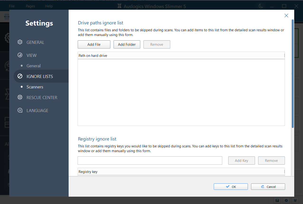 For advanced users, you may manually indicate files, folders, and registry keys that the app will skip during scans