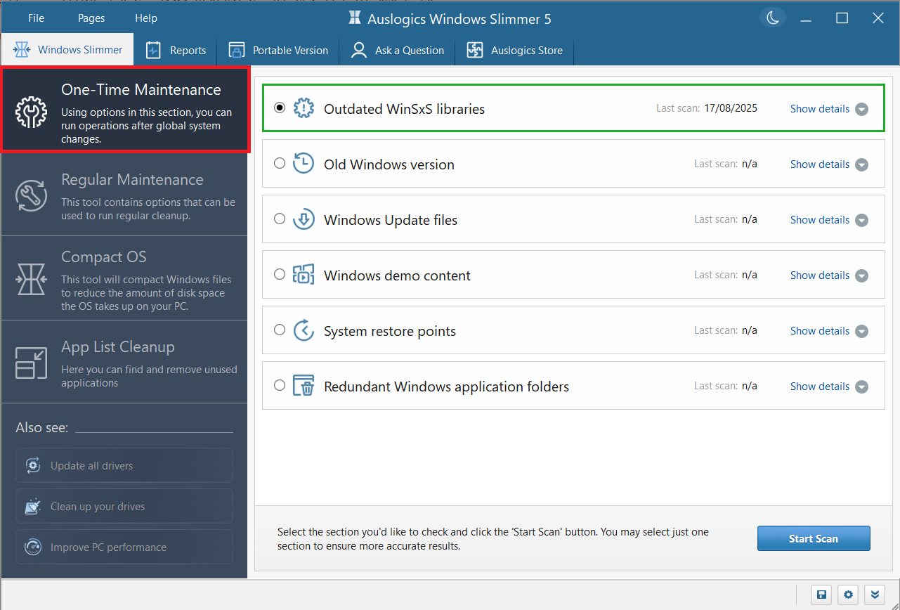 The One-Time Maintenance option on Windows Slimmer lets you clean up unnecessary system files