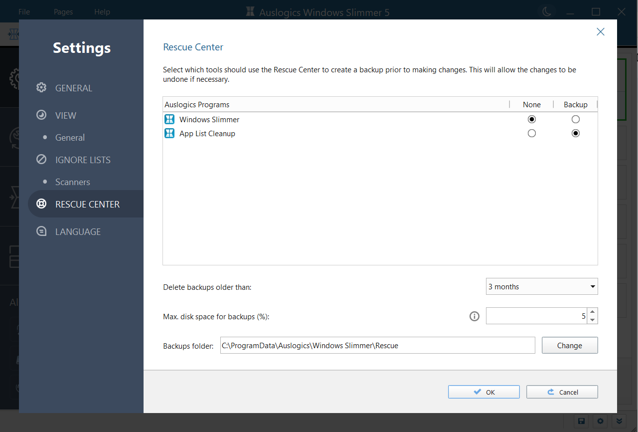 Rescue Center settings