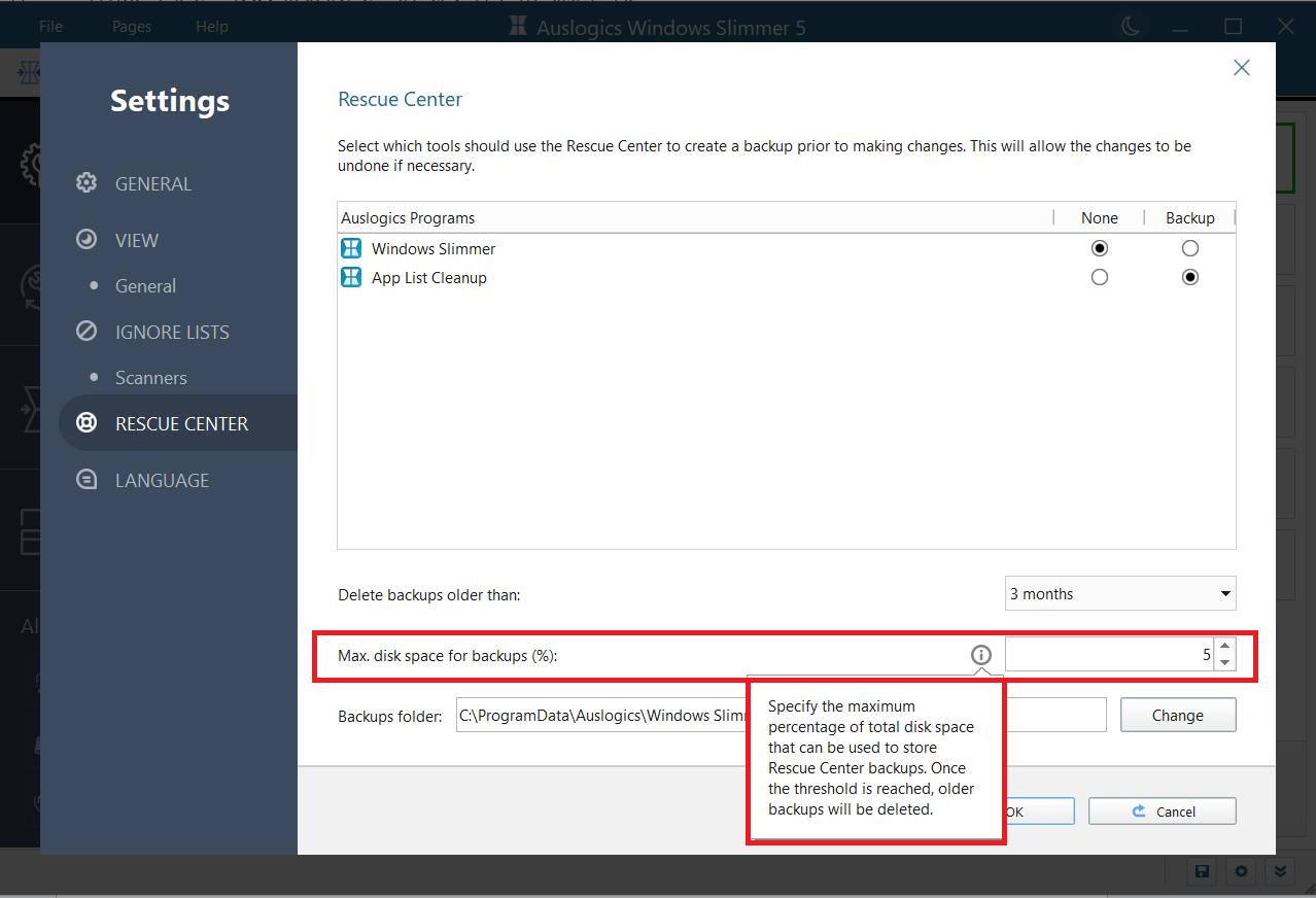 you can set the maximum disk space (in percentage) that will be allowed for holding backups