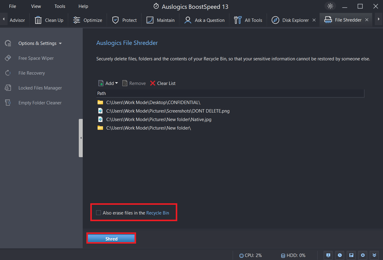 Auslogics BoostSpeed Also erase files in the Recycle Bin