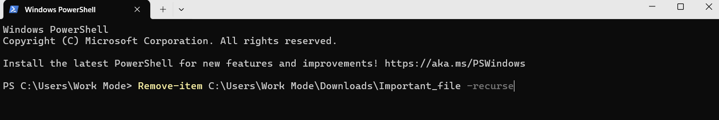 Remove-item C:UsersWork ModeDownloadsImportant_fileScreenshot 9.png -recurse