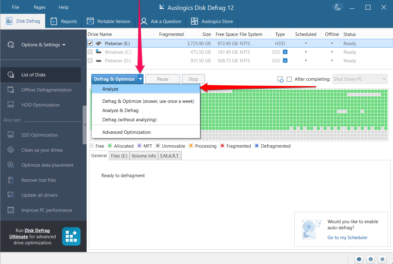 Once the tool opens, click the drop-down button beside the Defrag & Optimize button and select Analyze
