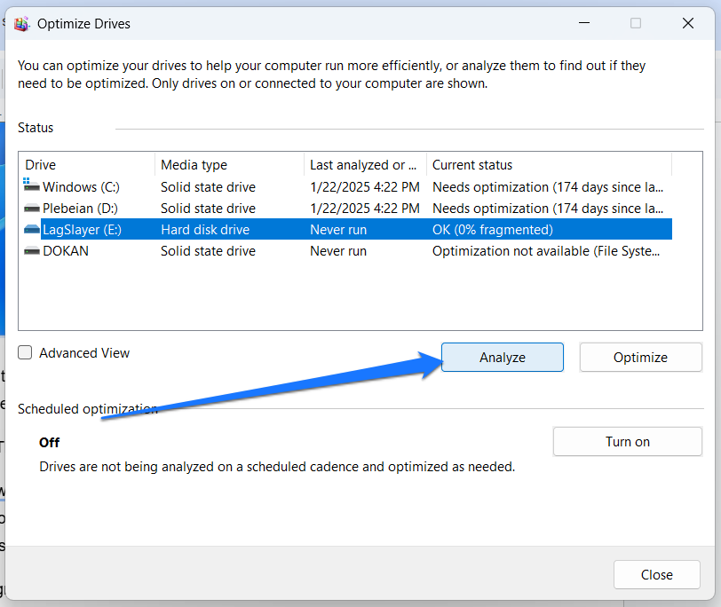 Select the drive you want to defragment and click Analyze to check the hard disk’s level of defragmentation