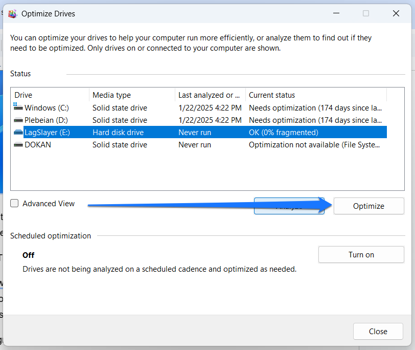 If you want to defragment the hard drive, click the Optimize button