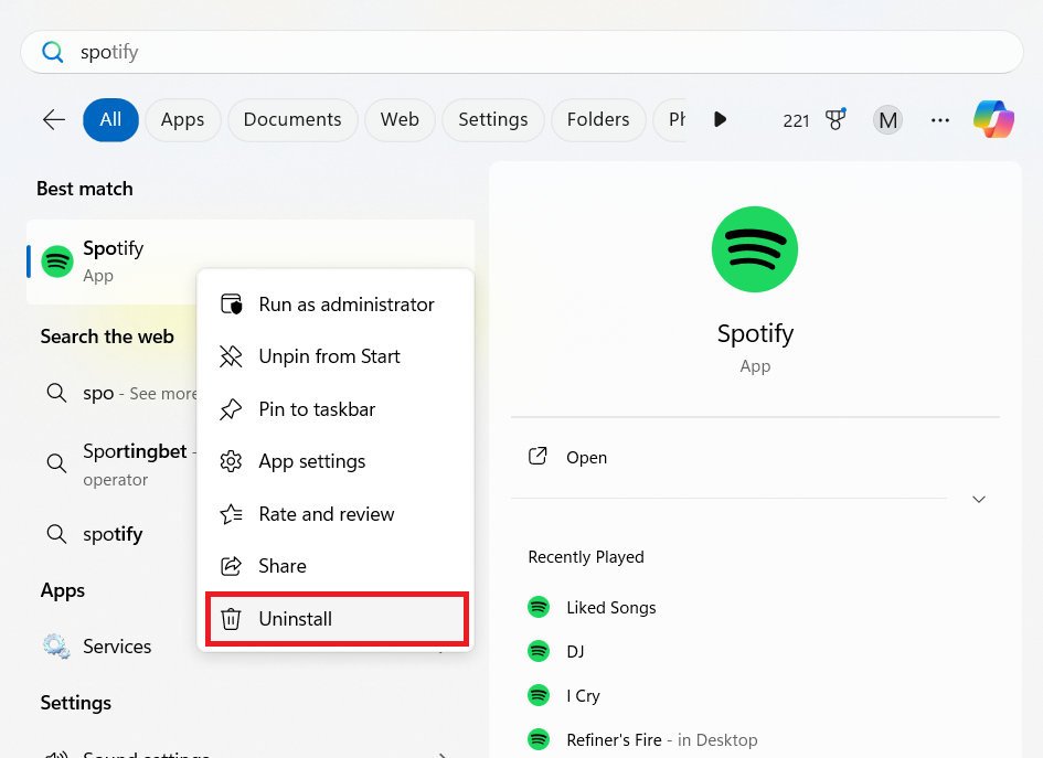 Uninstall programs from Start menu