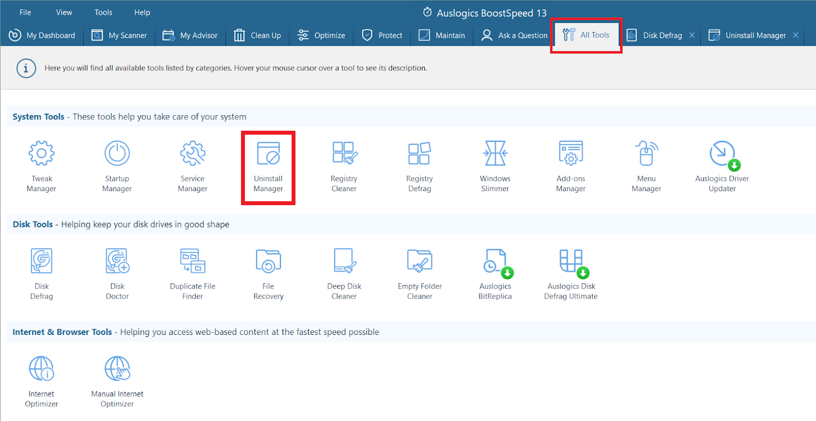 Open the Uninstall Manager in Auslogics BoostSpeed