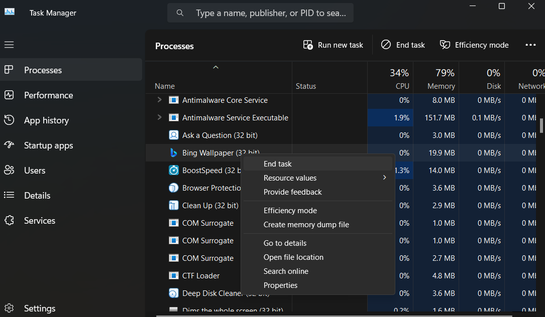Go through the processes and delete the apps you don’t need