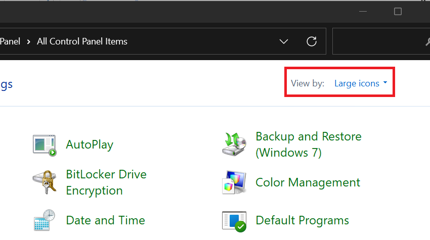 Select Large icons in the View by: drop-down menu