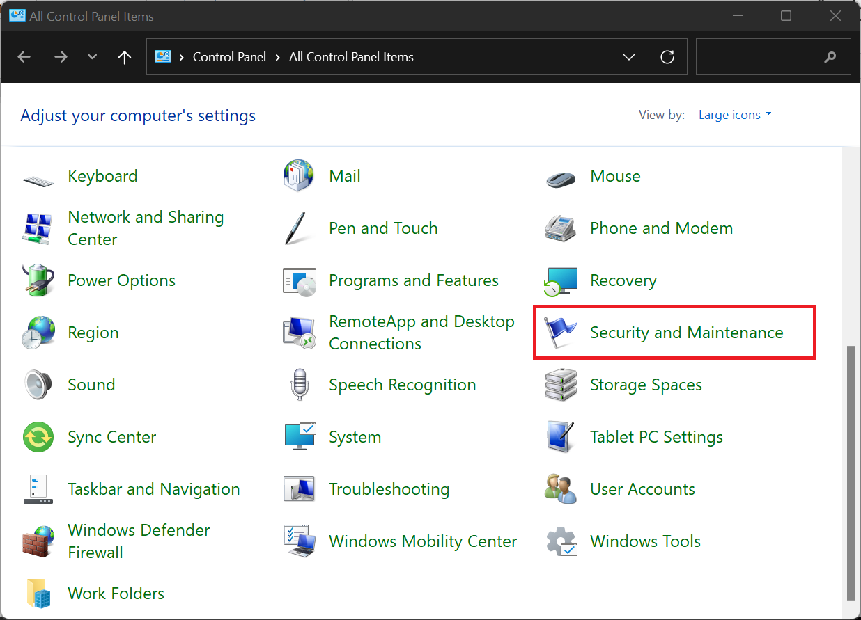 Find and click Security and Maintenance