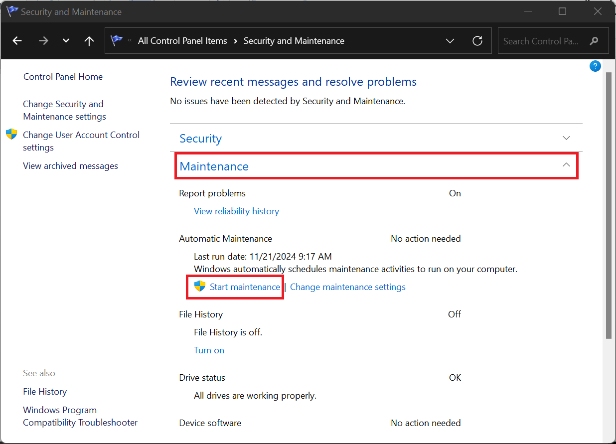 under Automatic Maintenance, click the link that says, Start maintenance