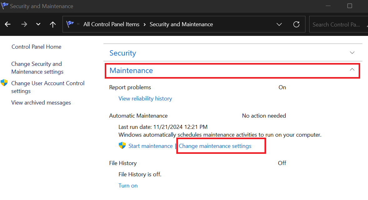 Click on Maintenance to expand the tab, and then click Change maintenance settings in the submenu