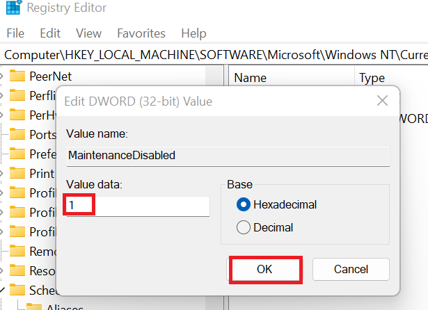 Double-click on the newly created MaintenanceDisabled DWORD and type 1 in the Value data field