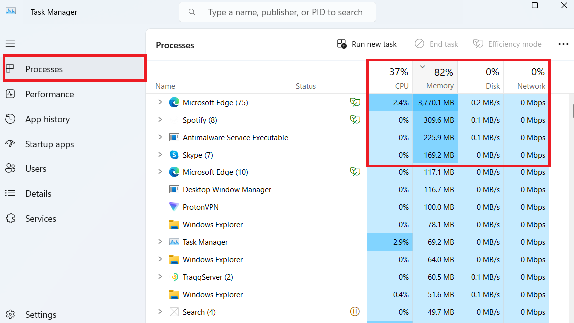Look at the CPU, Memory, Disk, and Network columns to check their usage