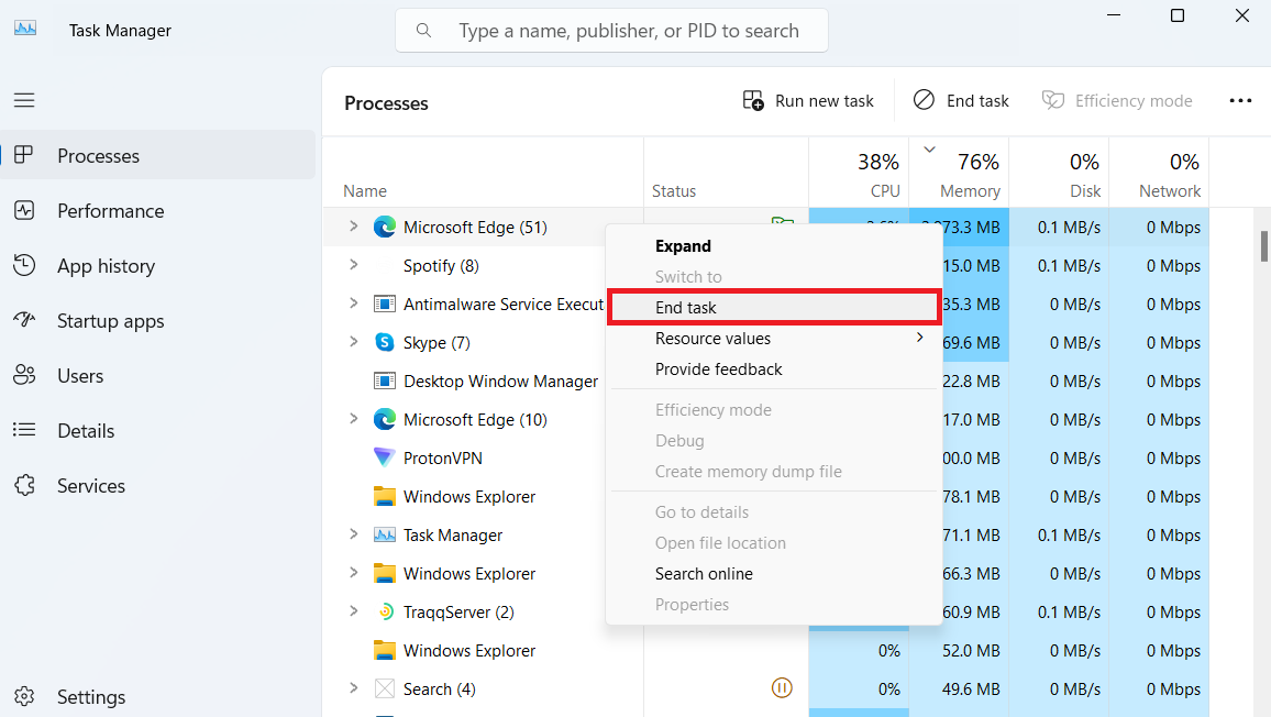 After that, right-click on the process and select End Task.