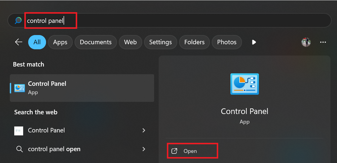 Type control panel in the Windows Search and click Open