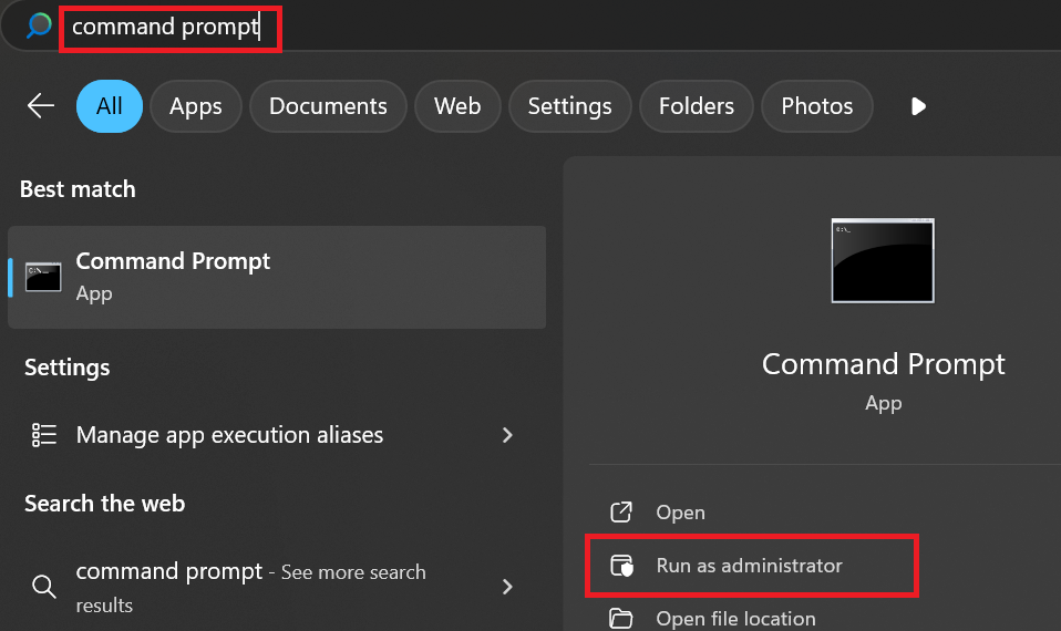 In your Windows Search, type command prompt and then click Run as administrator