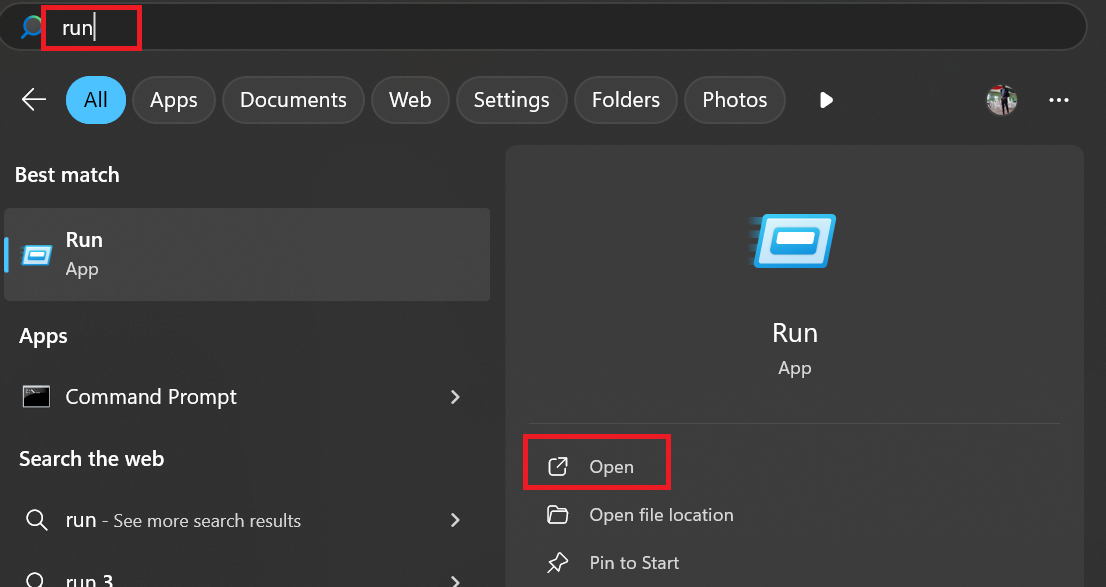 In the Windows Search, type run and click Open