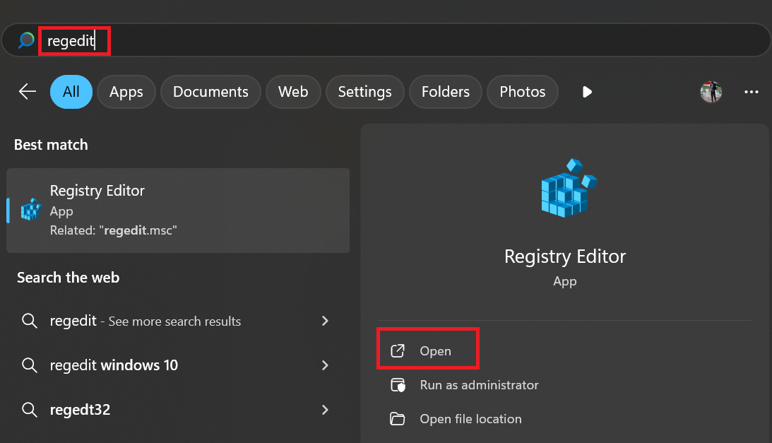 In the Windows Search, type regedit and press Enter or click Open