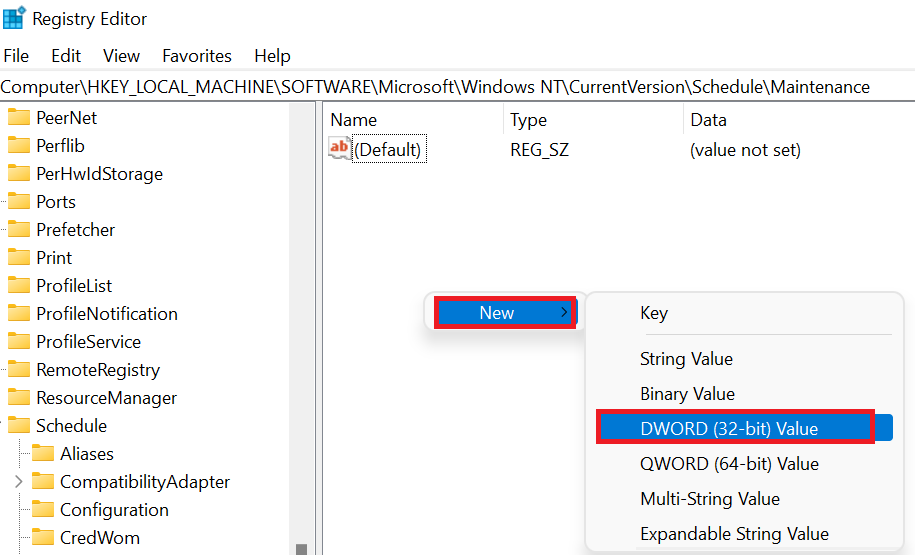 When you open the Maintenance key, right-click on a blank area in the right pane and hover your mouse pointer over New, then click on DWORD (32-bit) Value