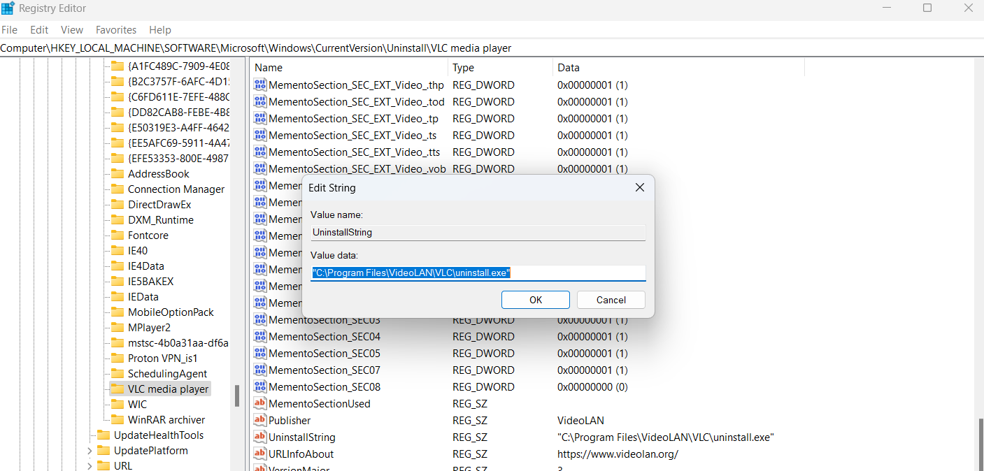 double-click UninstallString and copy the Value data