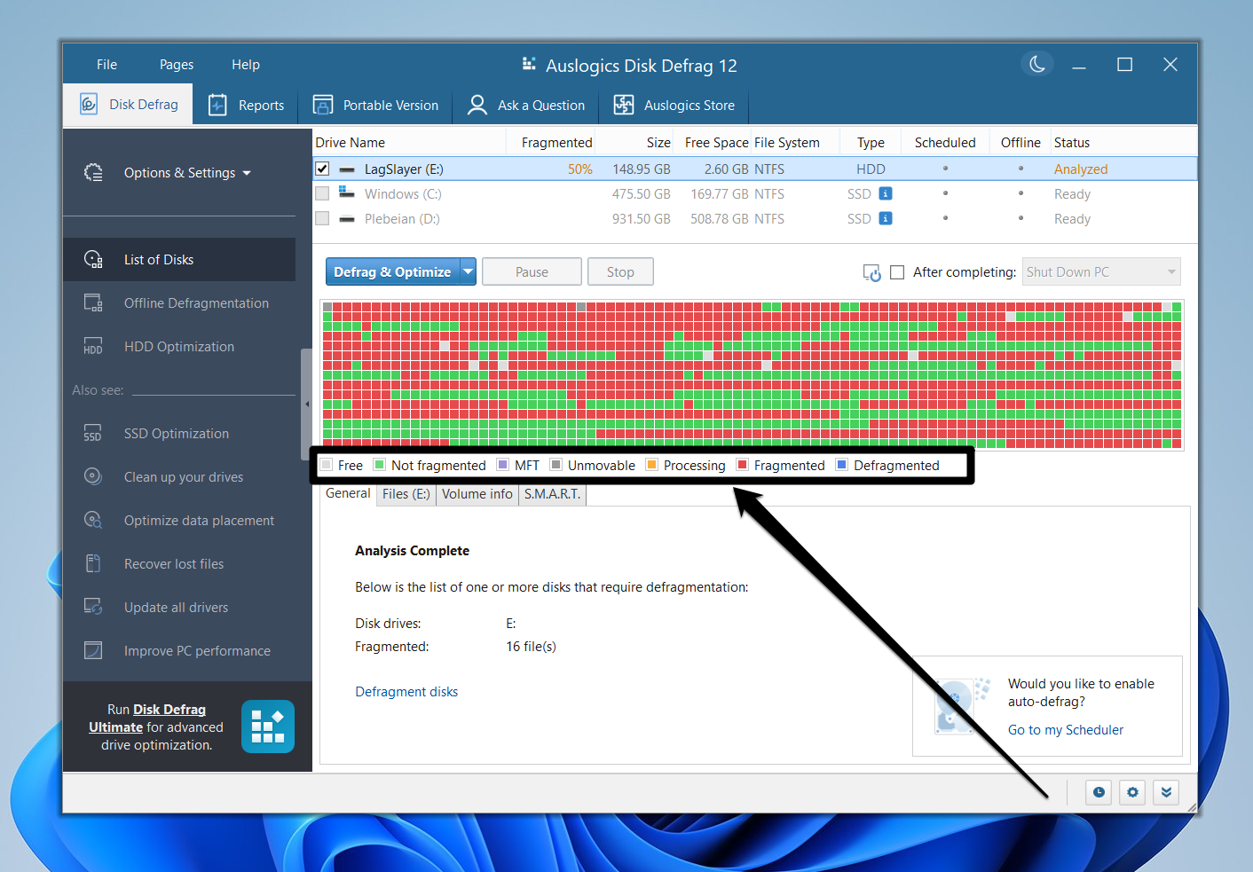 You should see a visual report of your drive’s level of fragmentation