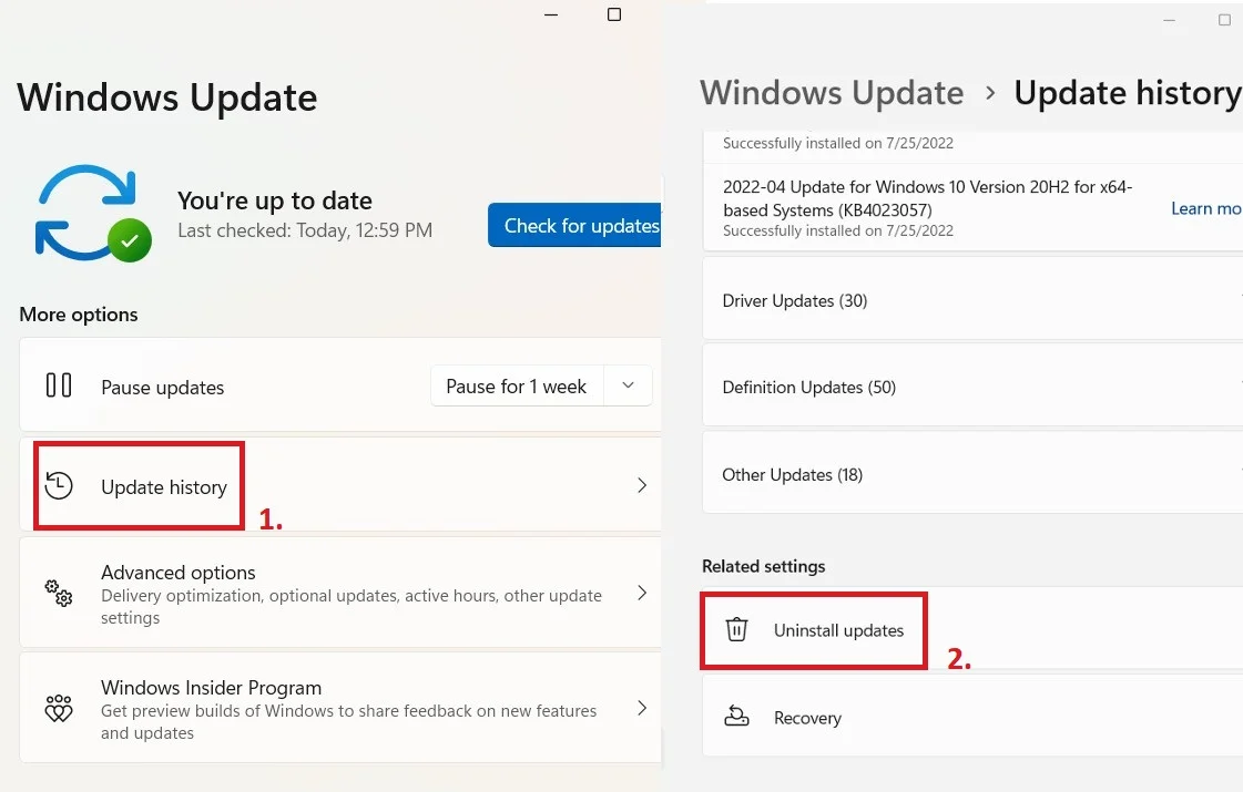 After the <em>Windows Update > Update History</em> page opens, scroll down or collapse the update history sections, and click on <em>Uninstall Updates</em>