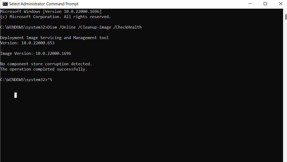 Enter the following command in the Command Prompt window: Dism /Online /Cleanup-Image /CheckHealth