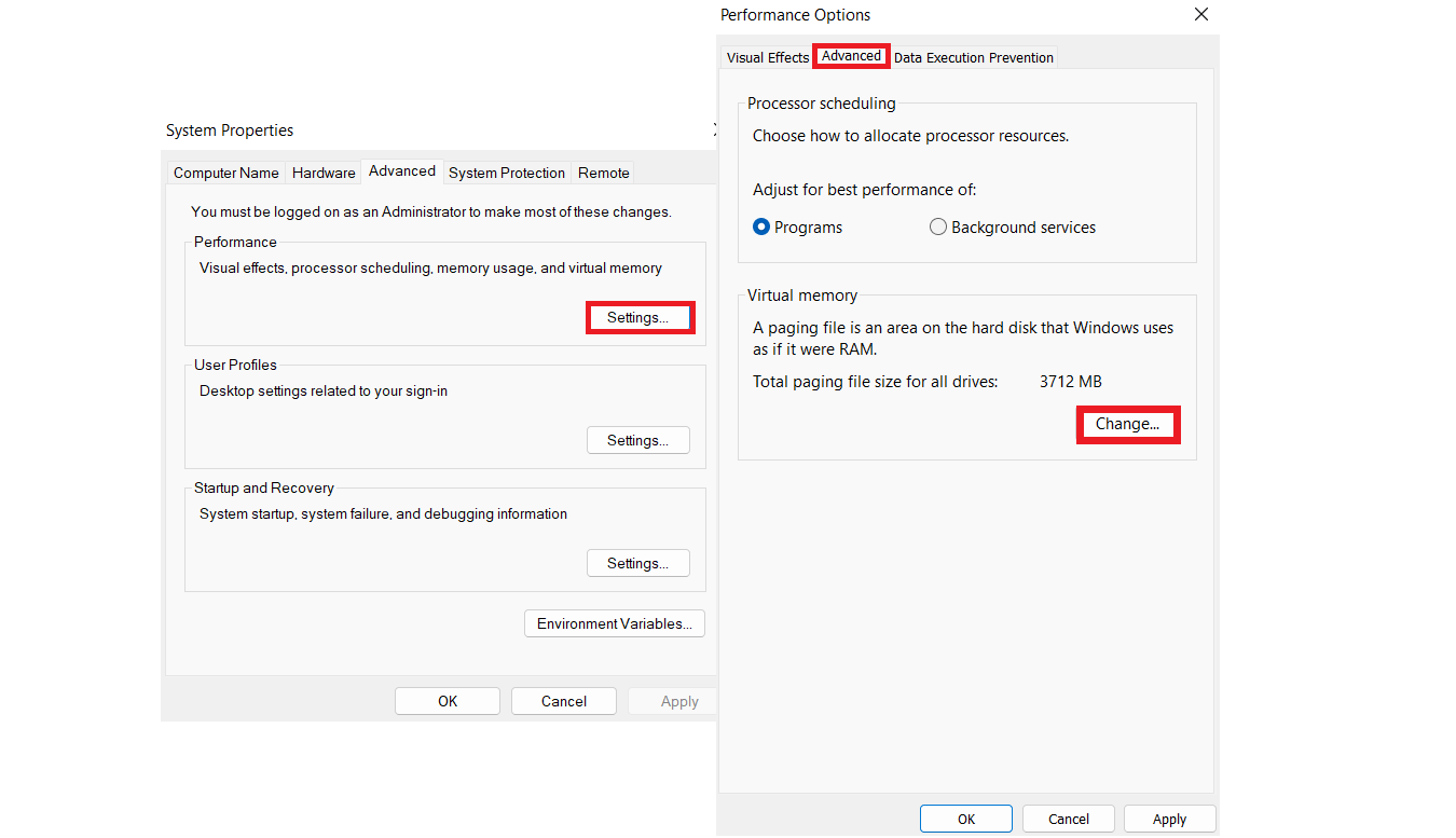 Head to the <em>Virtual Memory</em> section and click the <em>Change</em> button