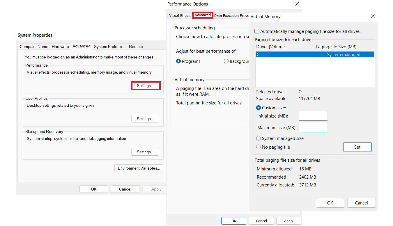 Uncheck the box and go to the <em>Custom Size</em> section to set a paging file size for your hard drive