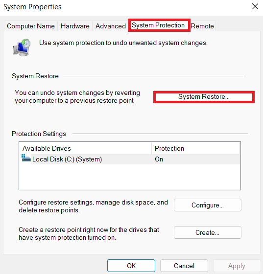 After the <em>System Properties</em> dialog opens, click on the <em>System Restore</em> button under the <em>System Protection</em> tab