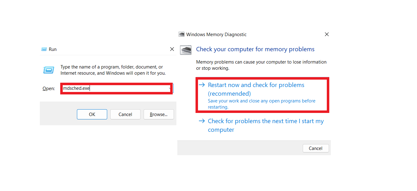 Choose <em>Restart now and check for problems (recommended)</em> once the Windows Memory Diagnostic mini-window opens